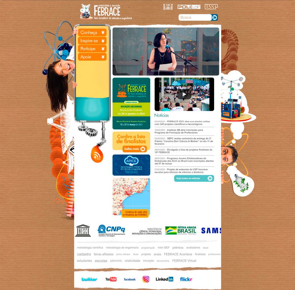 Site da FEBRACE antes do redesign — layout antigo com navegação confusa